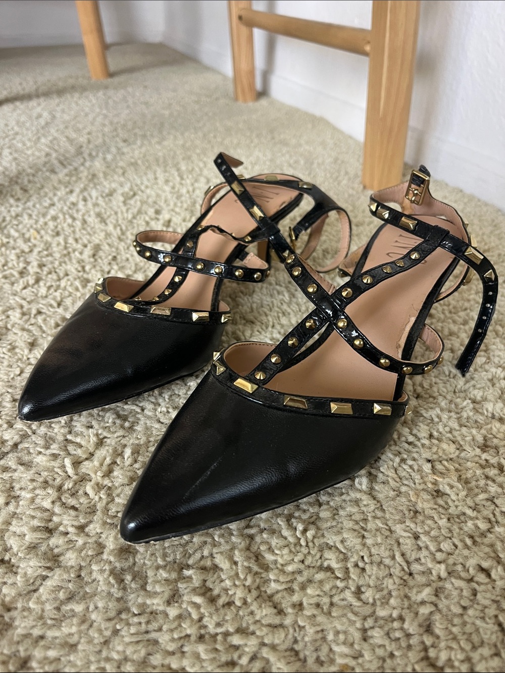 INC International Concepts Black Pointed-Toe Strappy Heels with Gold Studs